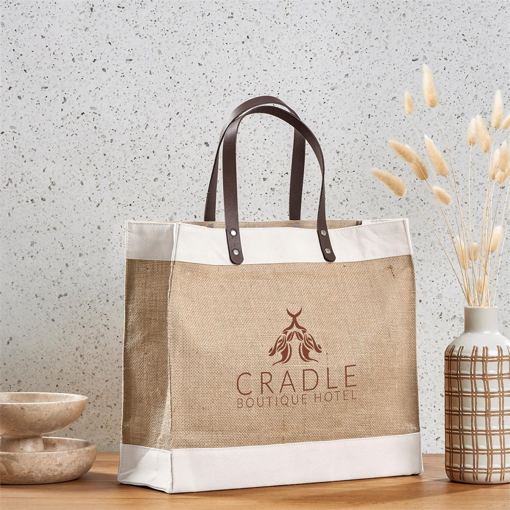 Okiyo Reza Jute & Cotton Tote with Leather Handles - Image 3